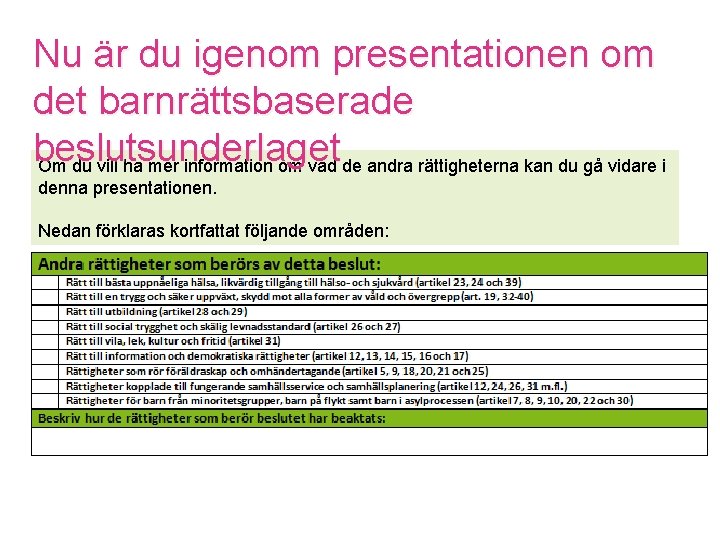 Nu är du igenom presentationen om det barnrättsbaserade beslutsunderlaget Om du vill ha mer