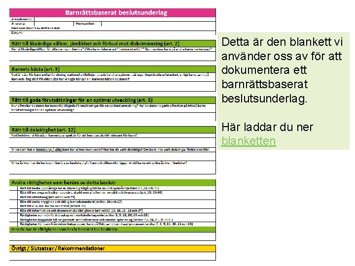 Detta är den blankett vi använder oss av för att dokumentera ett barnrättsbaserat beslutsunderlag.