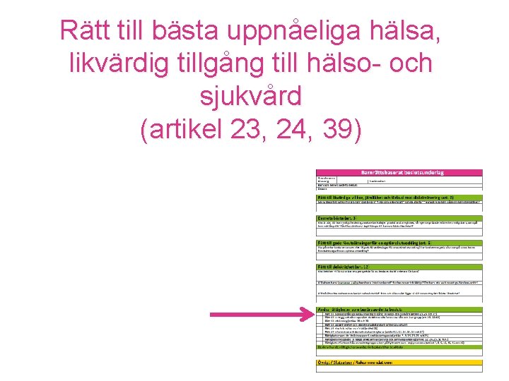 Rätt till bästa uppnåeliga hälsa, likvärdig tillgång till hälso- och sjukvård (artikel 23, 24,