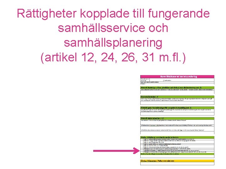 Rättigheter kopplade till fungerande samhällsservice och samhällsplanering (artikel 12, 24, 26, 31 m. fl.