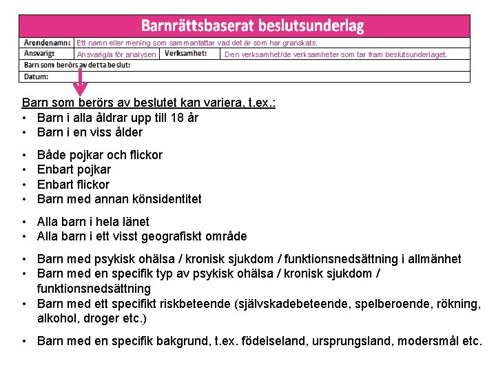 Ett namn eller mening som sammanfattar vad det är som har granskats. Ansvarig/a för