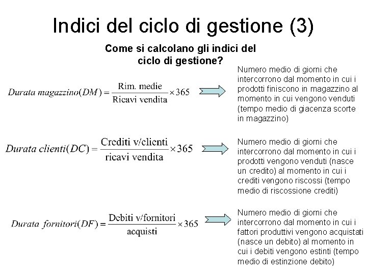 Indici del ciclo di gestione (3) Come si calcolano gli indici del ciclo di