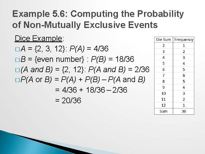 Example 5. 6: Computing the Probability of Non-Mutually Exclusive Events Dice Example: � A