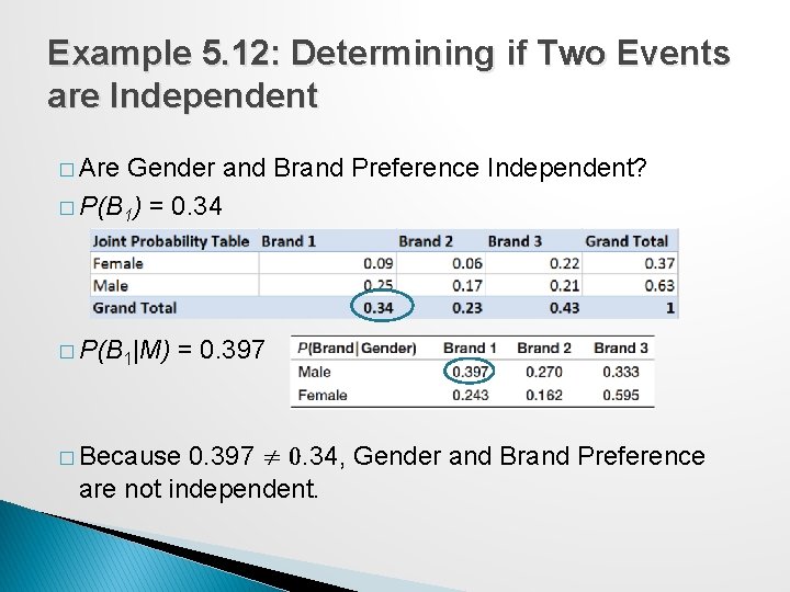 Example 5. 12: Determining if Two Events are Independent � Are Gender and Brand