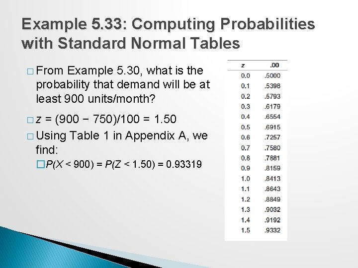 Example 5. 33: Computing Probabilities with Standard Normal Tables � From Example 5. 30,