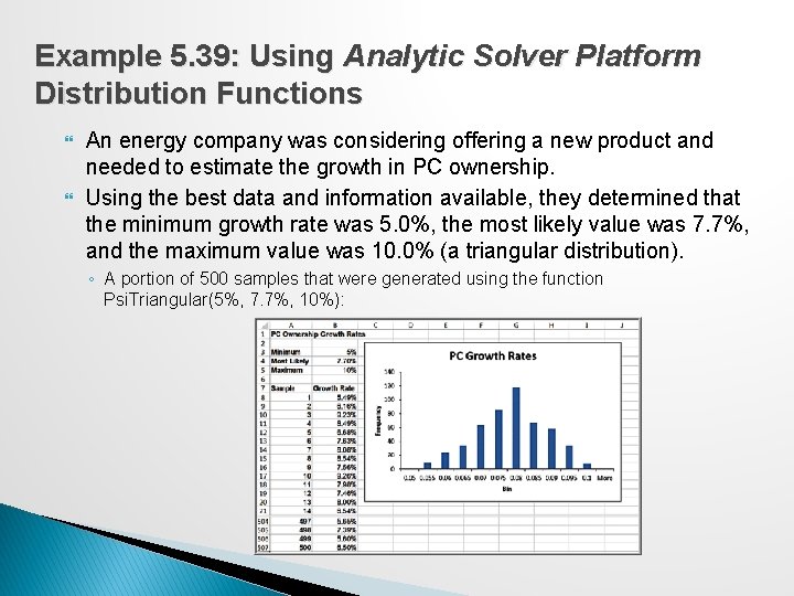 Example 5. 39: Using Analytic Solver Platform Distribution Functions An energy company was considering