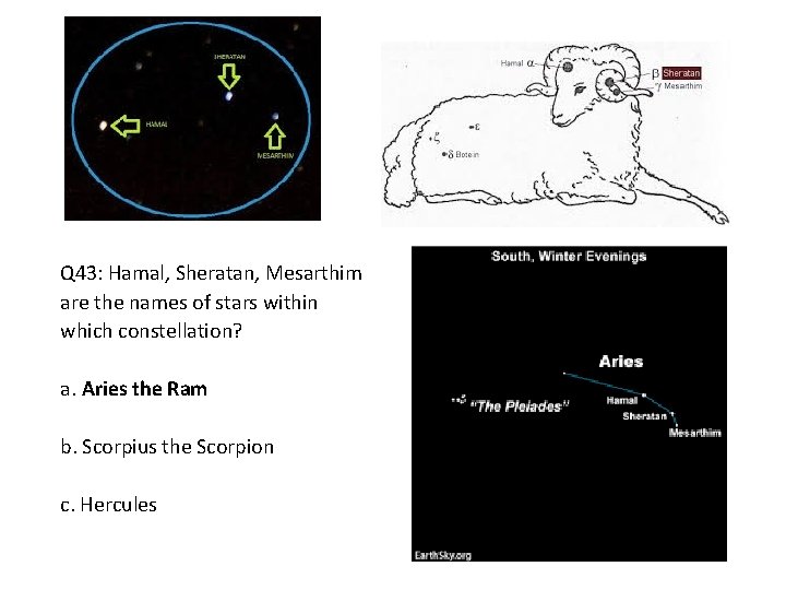 Q 43: Hamal, Sheratan, Mesarthim are the names of stars within which constellation? a.