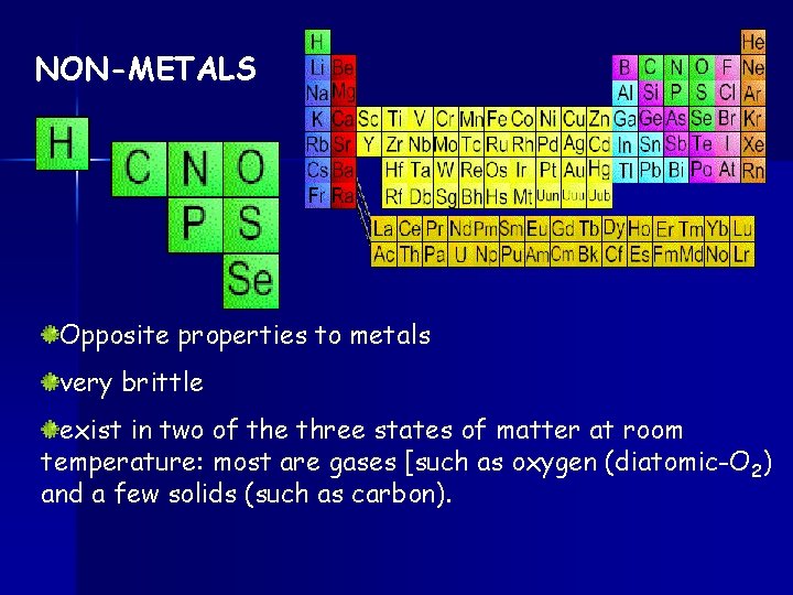 NON-METALS Opposite properties to metals very brittle exist in two of the three states