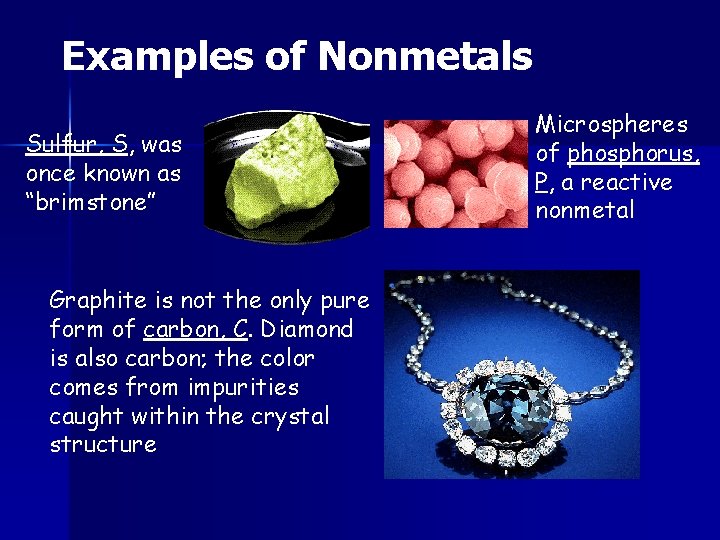 Examples of Nonmetals Sulfur, S, was once known as “brimstone” Graphite is not the
