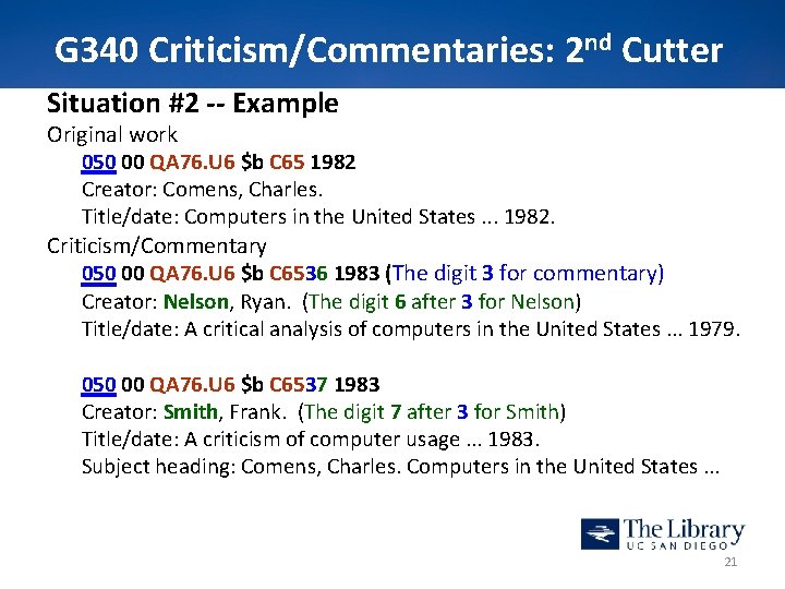 G 340 Criticism/Commentaries: 2 nd Cutter Situation #2 -- Example Original work 050 00