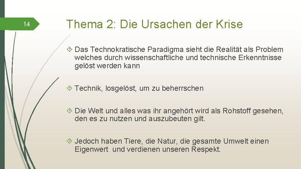 14 Thema 2: Die Ursachen der Krise Das Technokratische Paradigma sieht die Realität als