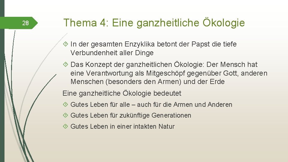 28 Thema 4: Eine ganzheitliche Ökologie In der gesamten Enzyklika betont der Papst die