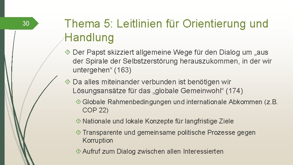 30 Thema 5: Leitlinien für Orientierung und Handlung Der Papst skizziert allgemeine Wege für