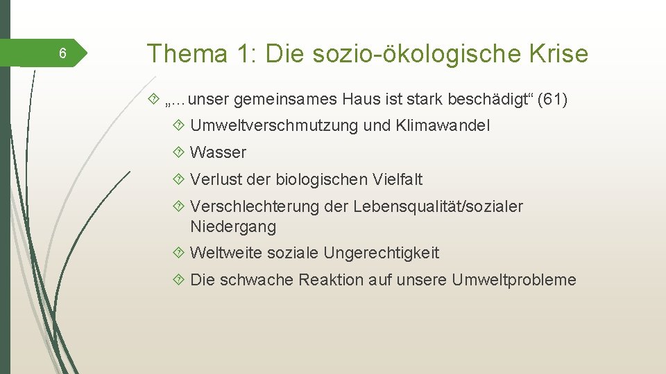 6 Thema 1: Die sozio-ökologische Krise „…unser gemeinsames Haus ist stark beschädigt“ (61) Umweltverschmutzung