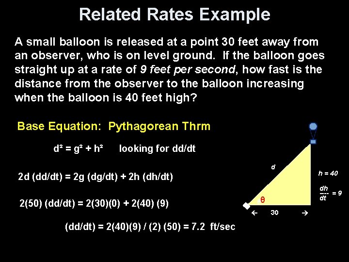 Related Rates Example A small balloon is released at a point 30 feet away