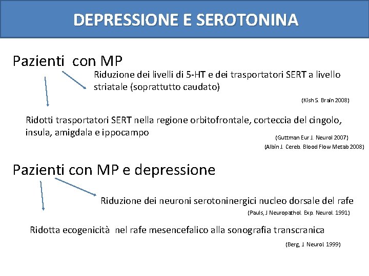 DEPRESSIONE E SEROTONINA Pazienti con MP Riduzione dei livelli di 5 -HT e dei
