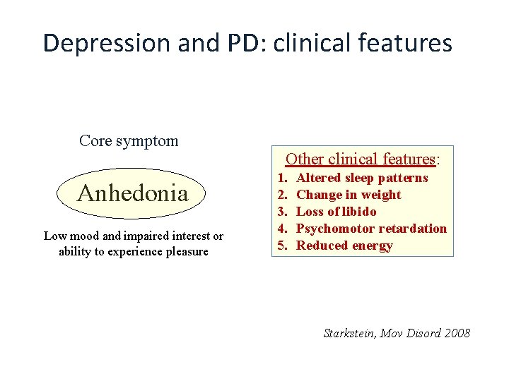 Depression and PD: clinical features Core symptom Anhedonia Low mood and impaired interest or