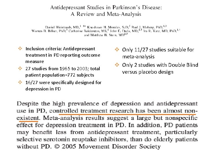 v Inclusion criteria: Antidepressant treatment in PD reporting outcome measure v 27 studies from