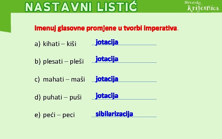 Imenuj glasovne promjene u tvorbi imperativa. a) kihati – kiši jotacija b) plesati –