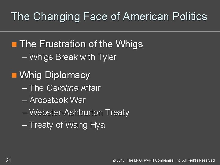 The Changing Face of American Politics n The Frustration of the Whigs – Whigs