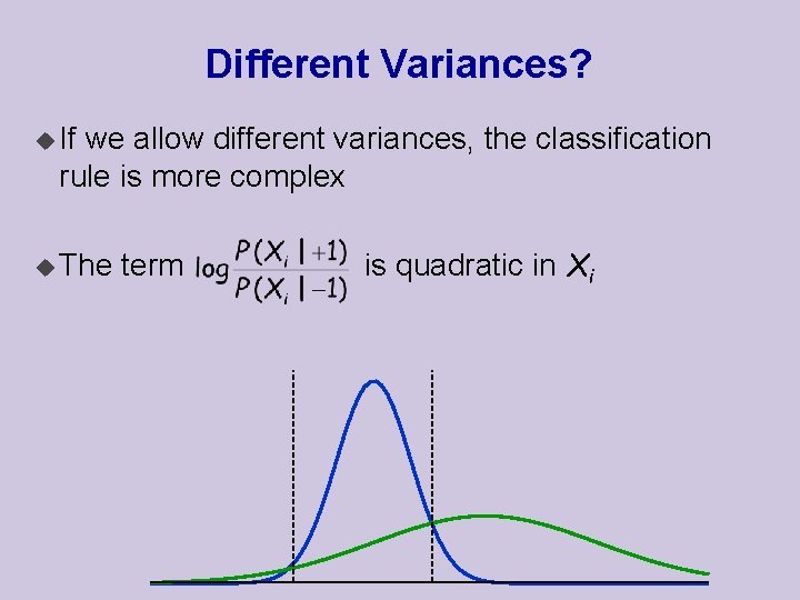 Different Variances? u If we allow different variances, the classification rule is more complex