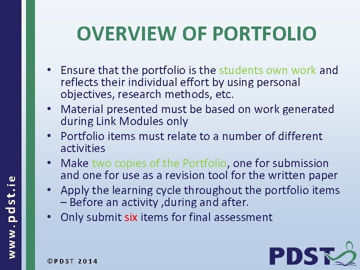 www. pdst. ie OVERVIEW OF PORTFOLIO • Ensure that the portfolio is the students