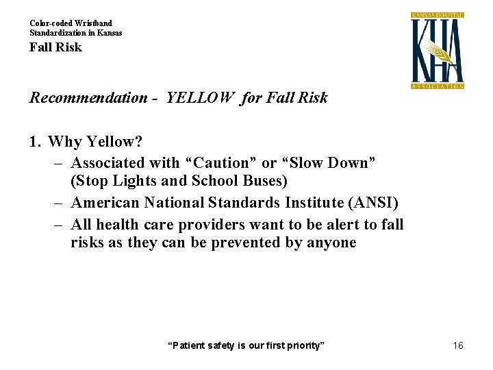 Color-coded Wristband Standardization in Kansas Fall Risk Recommendation - YELLOW for Fall Risk Allergies