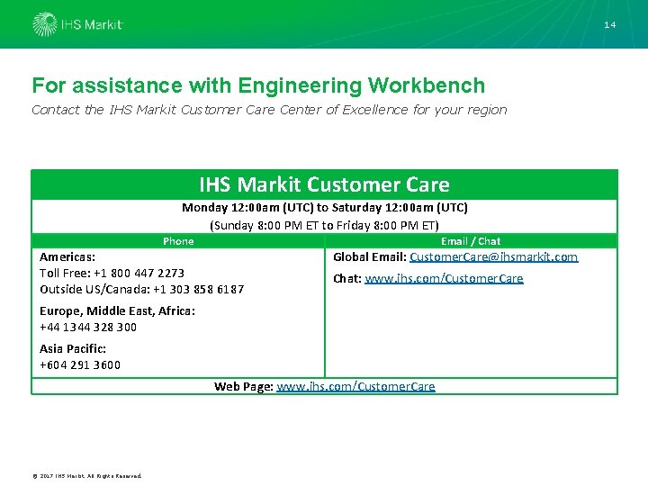 14 For assistance with Engineering Workbench Contact the IHS Markit Customer Care Center of