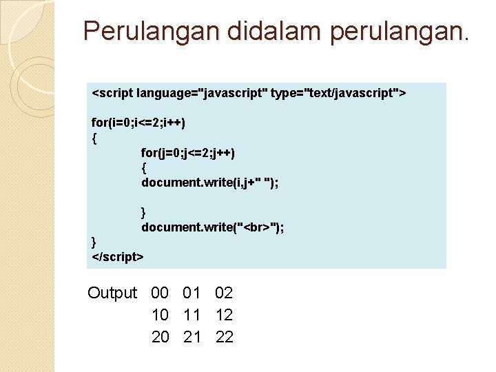 Perulangan didalam perulangan. <script language="javascript" type="text/javascript"> for(i=0; i<=2; i++) { for(j=0; j<=2; j++) {