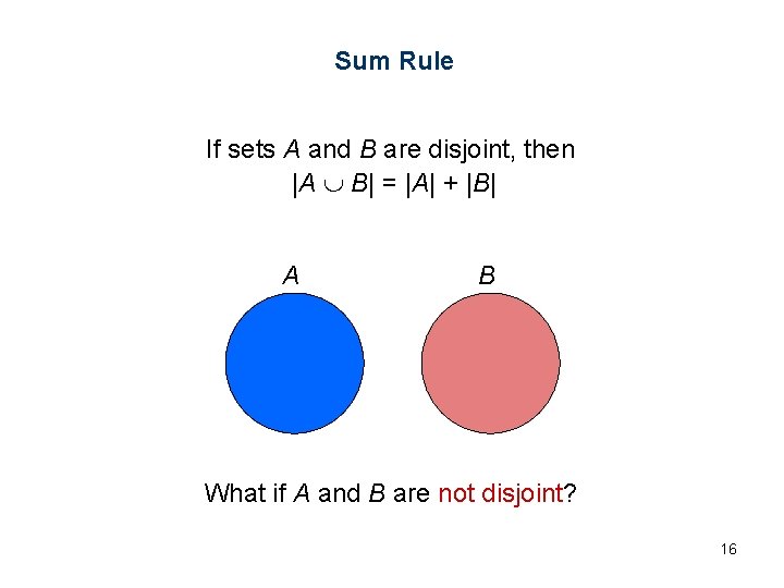 Sum Rule If sets A and B are disjoint, then |A B| = |A| Sum Rule If sets A and B are disjoint, then |A B| = |A|