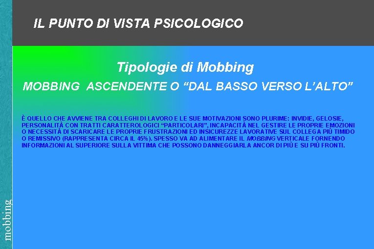 IL PUNTO DI VISTA PSICOLOGICO Tipologie di Mobbing MOBBING ASCENDENTE O “DAL BASSO VERSO