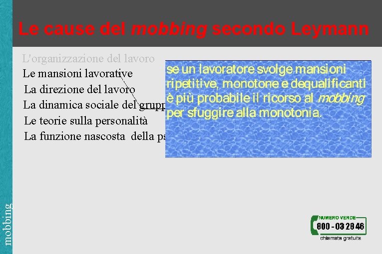 Le cause del mobbing secondo Leymann mobbing L'organizzazione del lavoro Le mansioni lavorative La