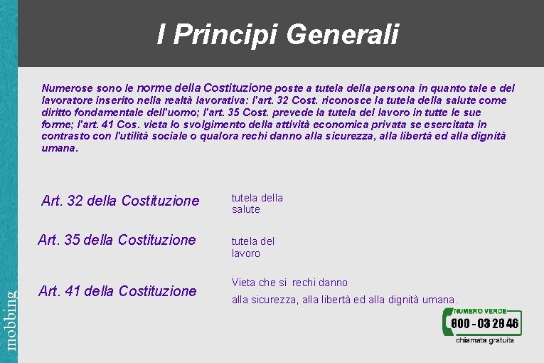 I Principi Generali Numerose sono le norme della Costituzione poste a tutela della persona