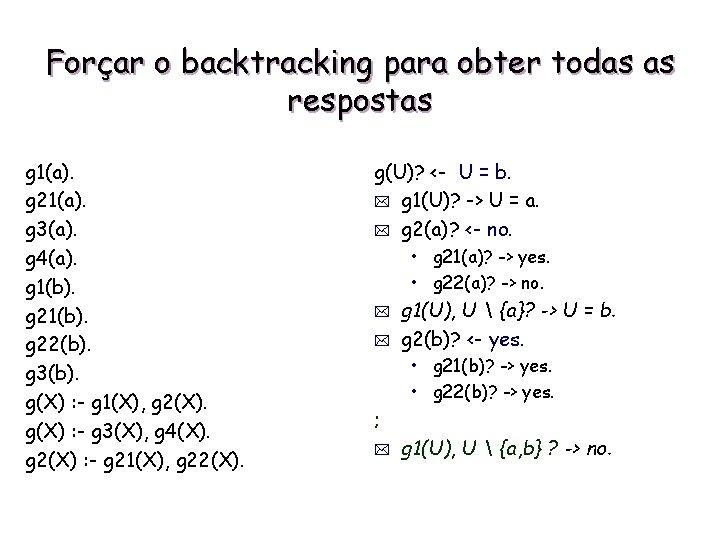 Forçar o backtracking para obter todas as respostas g 1(a). g 21(a). g 3(a).