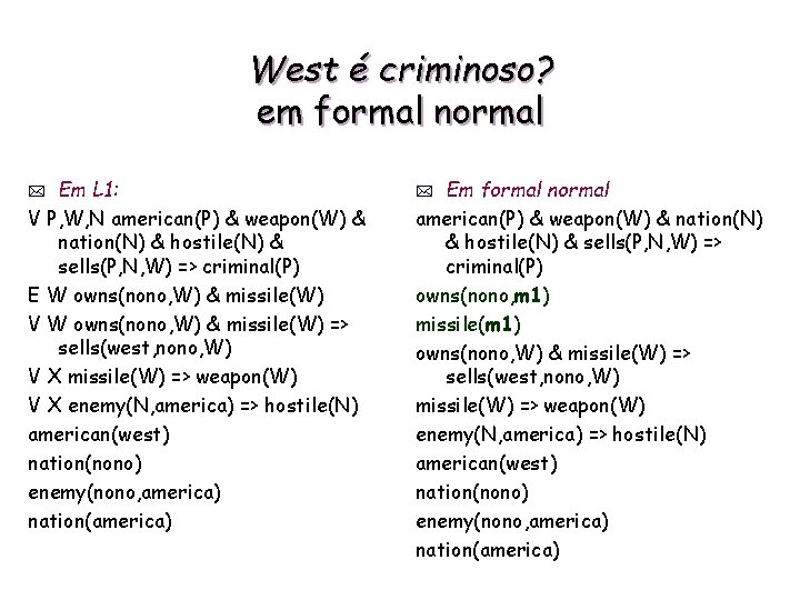 West é criminoso? em formal normal Em L 1: V P, W, N american(P)