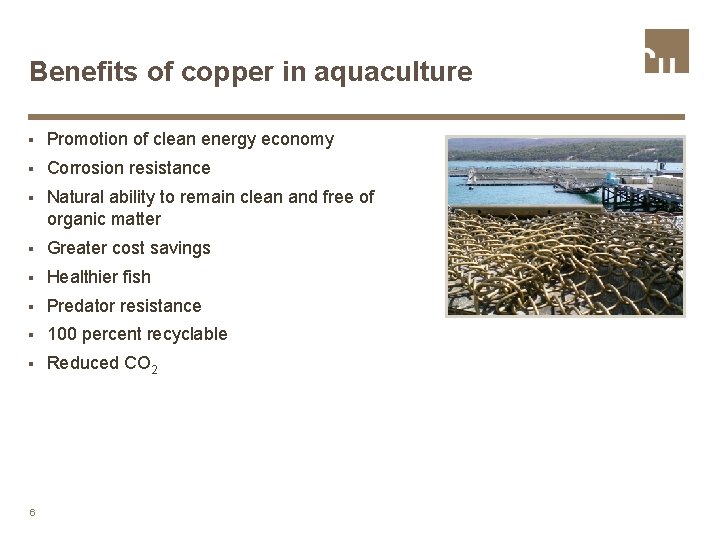 Benefits of copper in aquaculture § Promotion of clean energy economy § Corrosion resistance