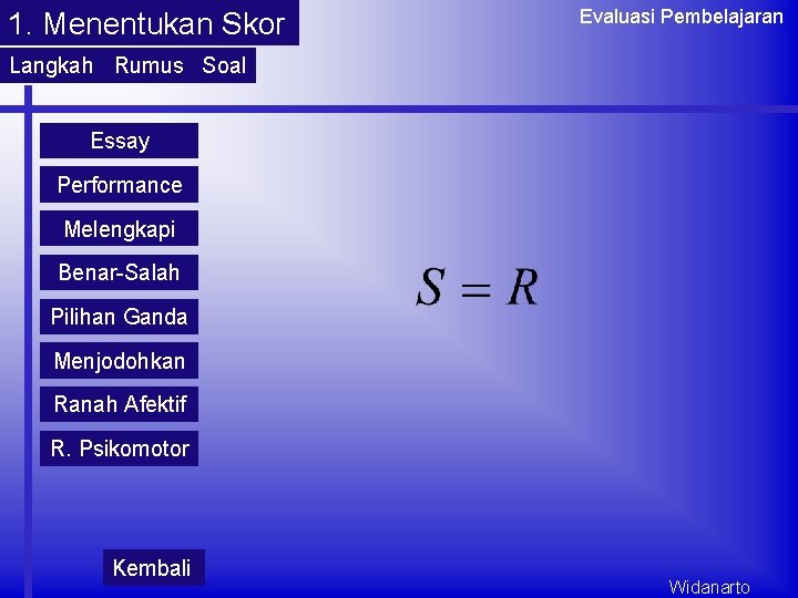 1. Menentukan Skor Evaluasi Pembelajaran Langkah Rumus Soal Essay Performance Melengkapi Benar-Salah Pilihan Ganda 1. Menentukan Skor Evaluasi Pembelajaran Langkah Rumus Soal Essay Performance Melengkapi Benar-Salah Pilihan Ganda