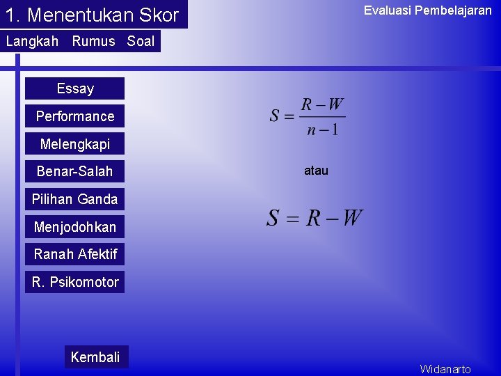 Evaluasi Pembelajaran 1. Menentukan Skor Langkah Rumus Soal Essay Performance Melengkapi Benar-Salah atau Pilihan Evaluasi Pembelajaran 1. Menentukan Skor Langkah Rumus Soal Essay Performance Melengkapi Benar-Salah atau Pilihan