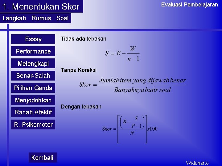 1. Menentukan Skor Evaluasi Pembelajaran Langkah Rumus Soal Essay Tidak ada tebakan Performance Melengkapi 1. Menentukan Skor Evaluasi Pembelajaran Langkah Rumus Soal Essay Tidak ada tebakan Performance Melengkapi