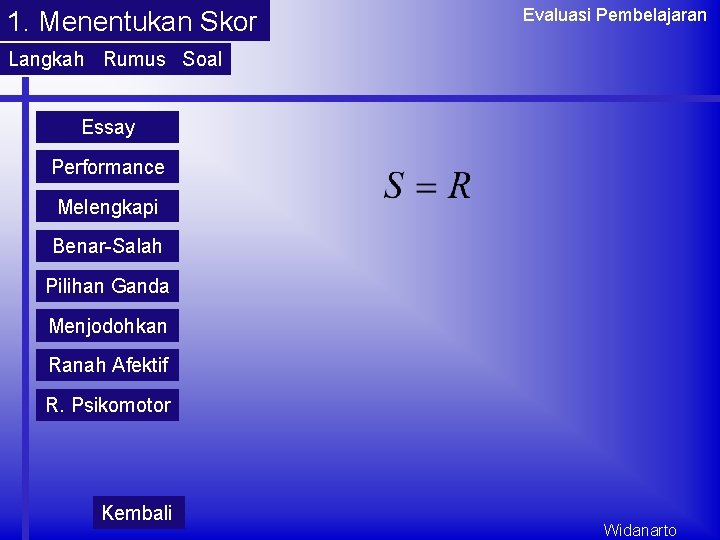 1. Menentukan Skor Evaluasi Pembelajaran Langkah Rumus Soal Essay Performance Melengkapi Benar-Salah Pilihan Ganda 1. Menentukan Skor Evaluasi Pembelajaran Langkah Rumus Soal Essay Performance Melengkapi Benar-Salah Pilihan Ganda