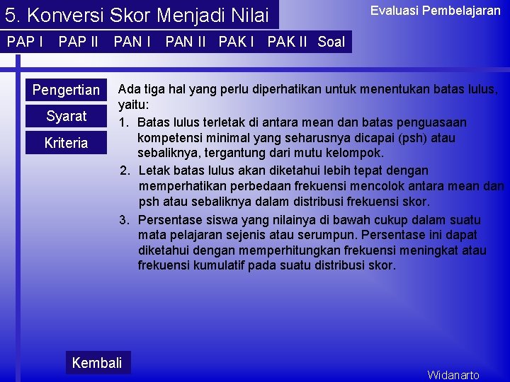 5. Konversi Skor Menjadi Nilai PAP II Pengertian Syarat Kriteria PAN I Evaluasi Pembelajaran 5. Konversi Skor Menjadi Nilai PAP II Pengertian Syarat Kriteria PAN I Evaluasi Pembelajaran
