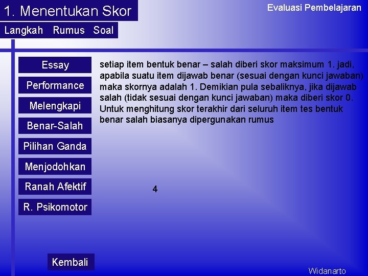 Evaluasi Pembelajaran 1. Menentukan Skor Langkah Rumus Soal Essay Performance Melengkapi Benar-Salah setiap item Evaluasi Pembelajaran 1. Menentukan Skor Langkah Rumus Soal Essay Performance Melengkapi Benar-Salah setiap item