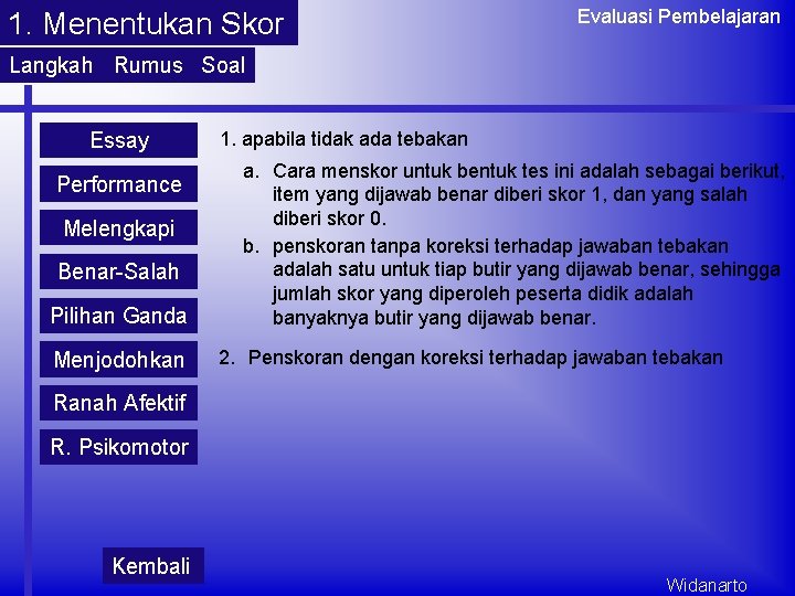 1. Menentukan Skor Evaluasi Pembelajaran Langkah Rumus Soal Essay Performance Melengkapi Benar-Salah Pilihan Ganda 1. Menentukan Skor Evaluasi Pembelajaran Langkah Rumus Soal Essay Performance Melengkapi Benar-Salah Pilihan Ganda