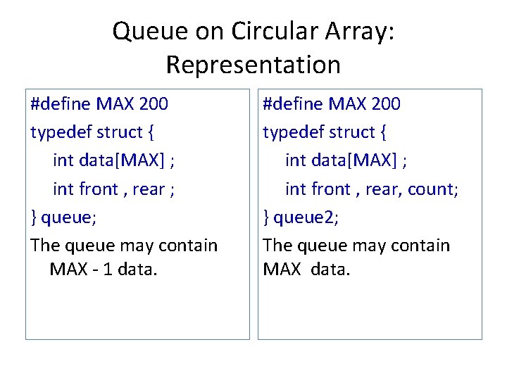 Queue on Circular Array: Representation #define MAX 200 typedef struct { int data[MAX] ;