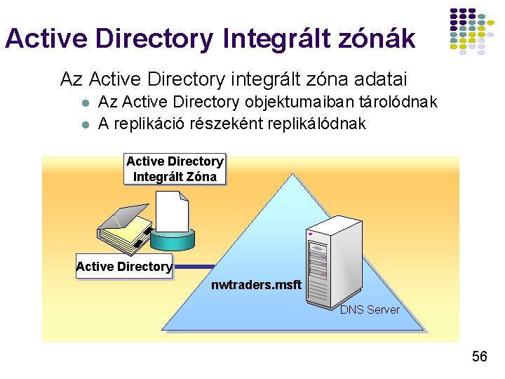 Active Directory Integrált zónák Az Active Directory integrált zóna adatai l l Az Active