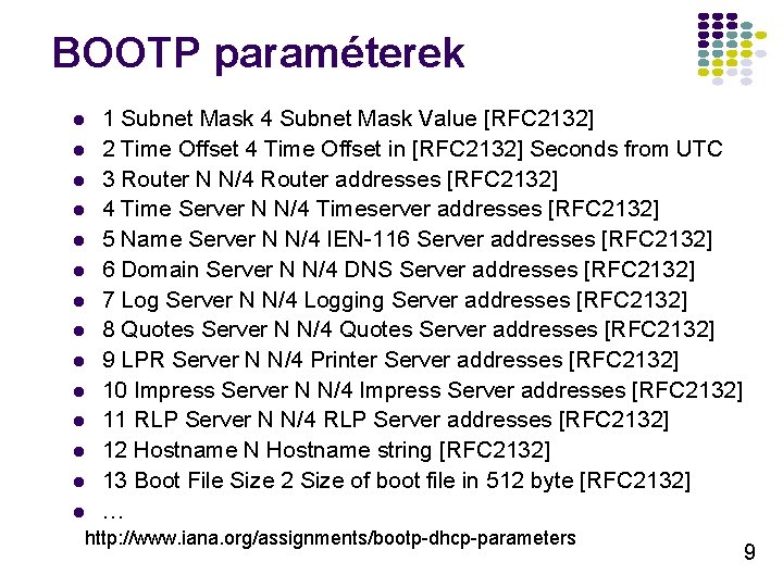 BOOTP paraméterek l l l l 1 Subnet Mask 4 Subnet Mask Value [RFC