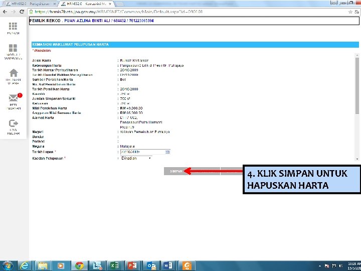 4. KLIK SIMPAN UNTUK HAPUSKAN HARTA 