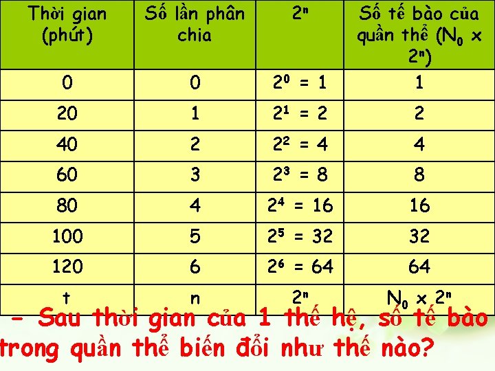 Thời gian (phút) Số lần phân chia 2 n Số tế bào của quần