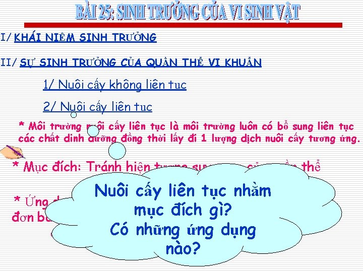 I/ KHÁI NIỆM SINH TRƯỞNG II/ SỰ SINH TRƯỞNG CỦA QUẦN THỂ VI KHUẨN