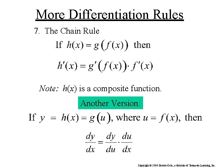 More Differentiation Rules 7. The Chain Rule Note: h(x) is a composite function. Another
